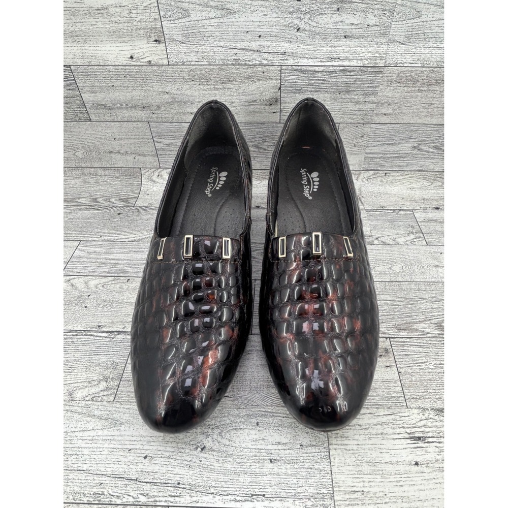 Spring Step Women FAWNA Dark Brown Croc Embossed Leather Block Heel Shoes Sz 8.5
